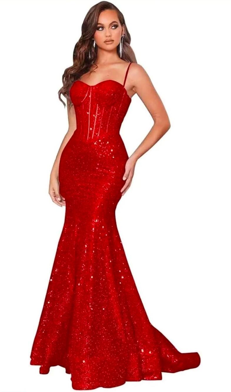 Formal Red corset style sequin velour maxi dress Sz 6 Holiday party Prom Gala